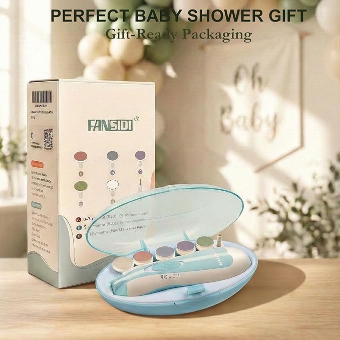 Fansidi Upgraded Baby Nail Trimmer Electric | Easy & Safe Baby Nail File, Precise 4-Stage Gentle Nail Buffer + Nail Clippers for Newborn to Toddler, with 18 Grinding Heads & Soft LED Light, Blue