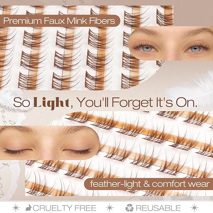 Mavphnee 8MM Brown Lash Clusters Clear Band Eyelashes Natural Looking Individual Lashes Extensions with CC-Curly for Soft Vibe Natural Enhancement