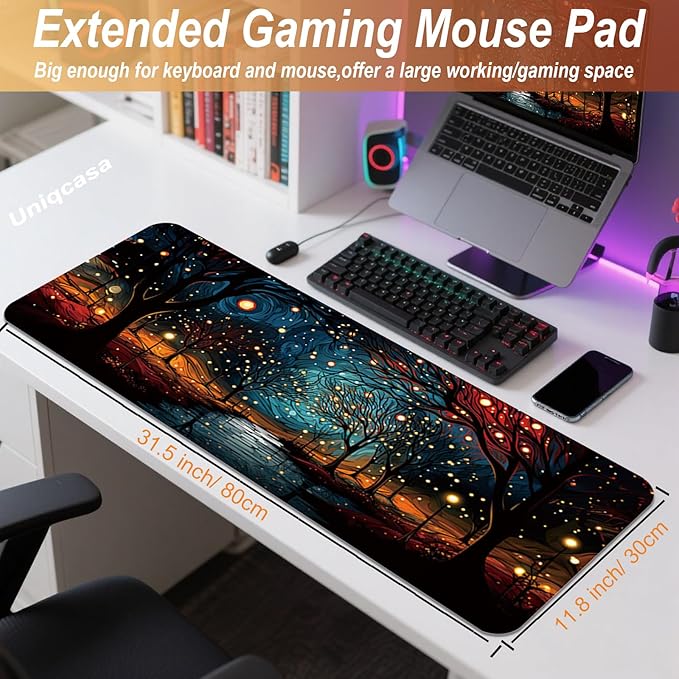 Gaming Mouse Pad 31.5x11.8 inch XL Large Extended Mouse Pad, Big Mousepad Desk Mat for Computer with Non-Slip Rubber Base and Stitched Edge-Starry Night Woods