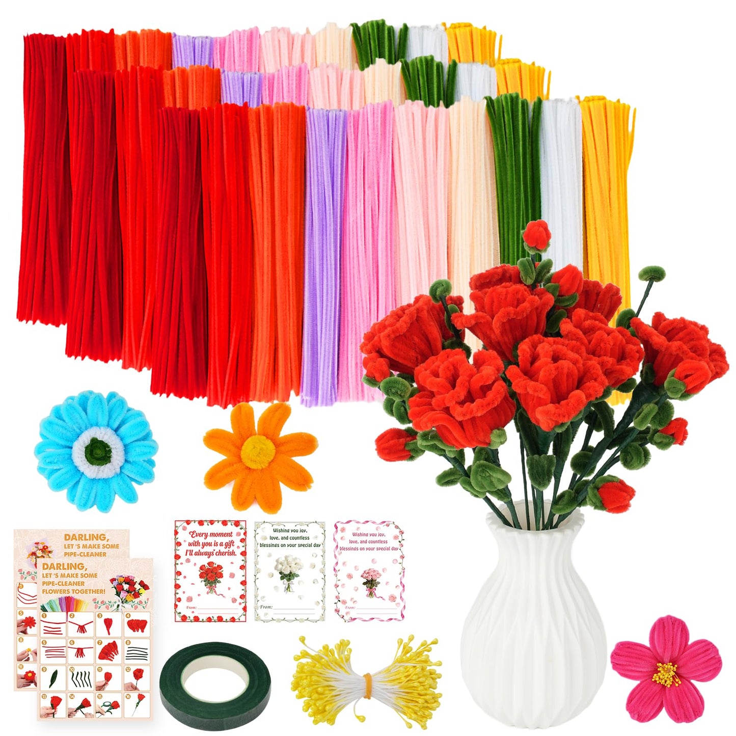1000PCS Pipe Cleaners Flower Kit, Pipe Cleaner Bulk Craft Flower Making Kit with Instruction, 8 Colors Thick Chenille Stems for Arts DIY Craft Supplies with Greeting Card, Floral Wires, Tape, Stamen