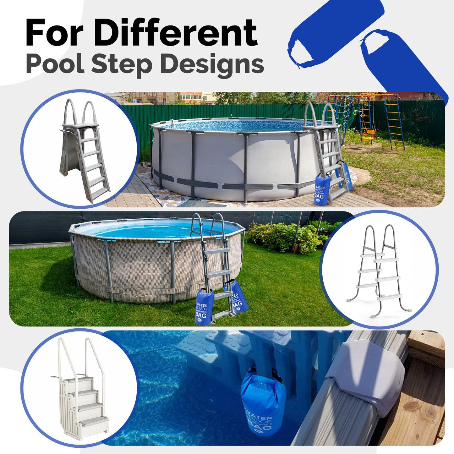 Goovilla Pool Ladder Weights Universal | 2 Pack 10L 500D PVC Waterproof Tear-Resistance Sand Bags for Above Ground Pools Steps | Easy to Fill and Seal with Strong Handle and 2 Straps (Dark Blue)