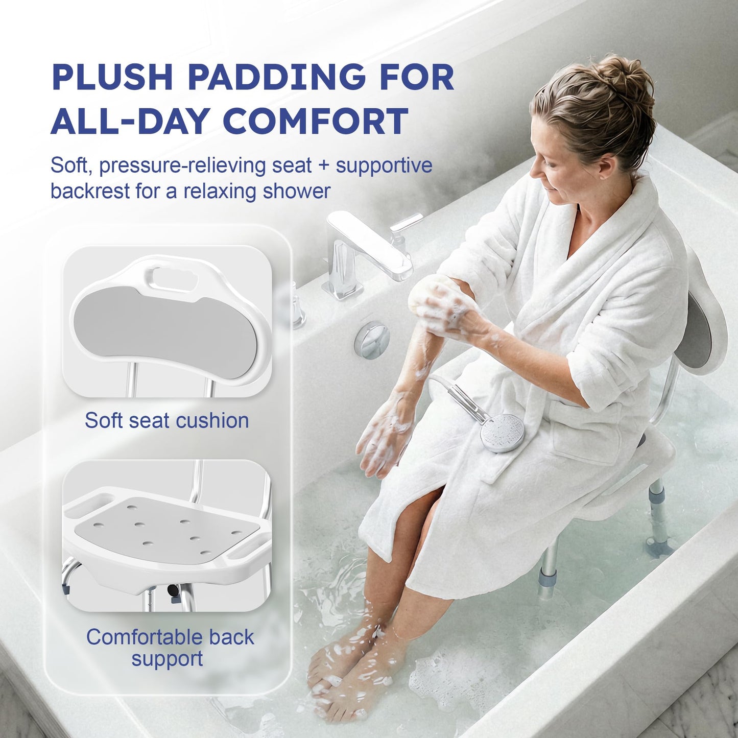 BlessReach Shower Chair for Inside Shower with Back, 400 lbs Shower Stool with Adjustable Height, Padded Seat & Drainage Holes, Shower Seat for Inside Tub, Bathtub Chair for Elderly and Disabled