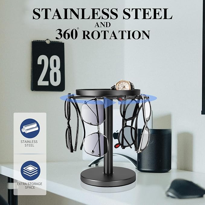 360° Rotating Sunglass Organizer Storage, Stainless Steel Glasses Holder Stand, Glasses Organizer with Tray for Desk, Dresser, Tabletop, Nightstand and Home Decor(Titanium Black)