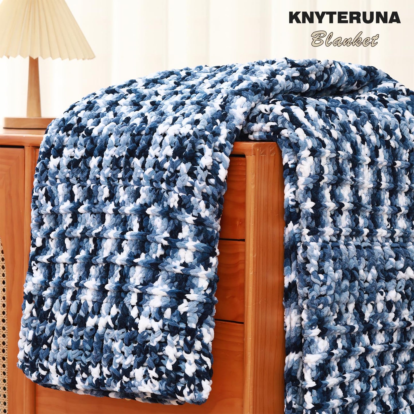 Knyteruna #6 Super Bulky Blanket Yarn for Crocheting - 4 Skeins(Each 10.5oz/300g, 220yds/201m), Chunky Chenille Thick Plush Big Soft Yarn for Crocheting Knitting Blankets, Khaki & Blue & White
