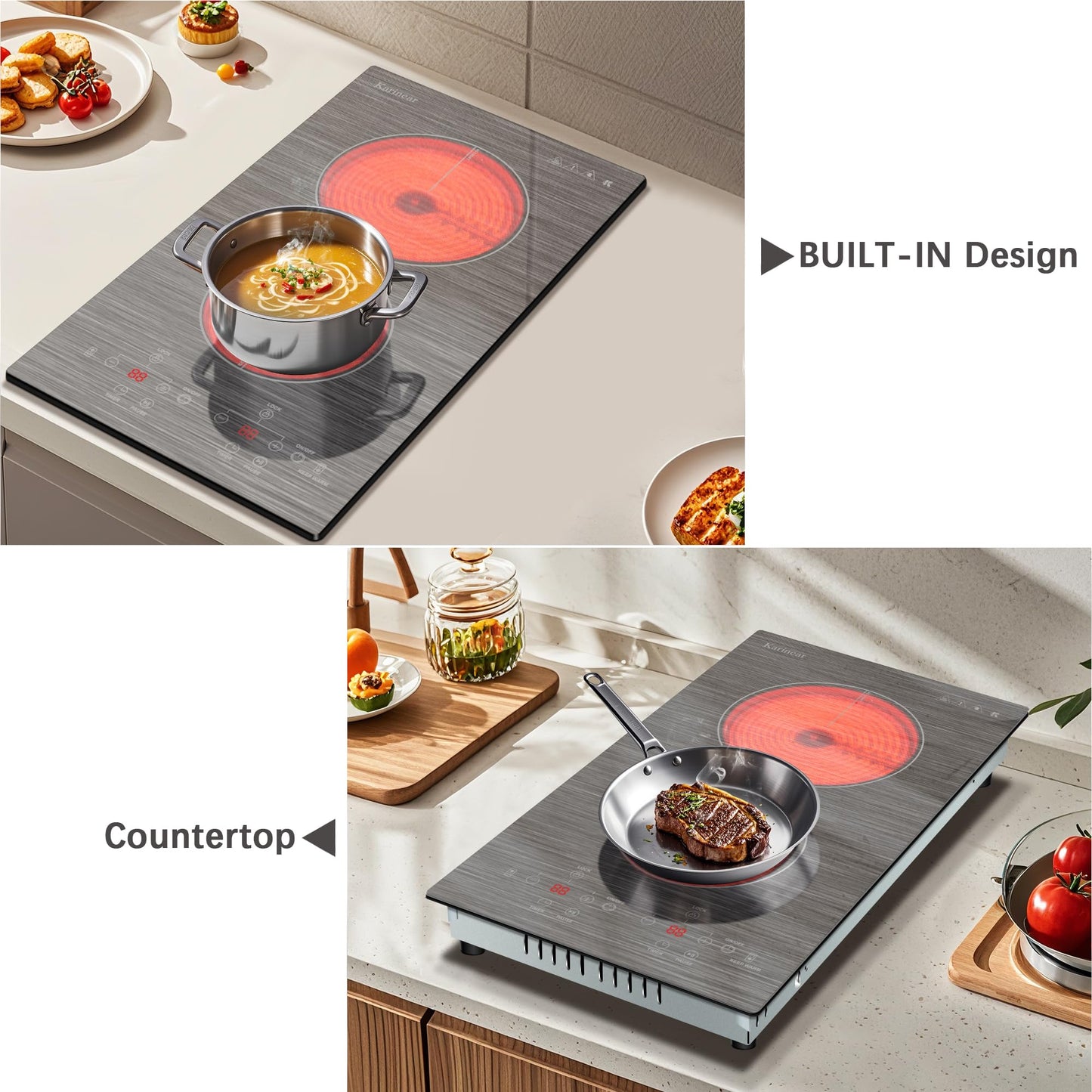 Karinear 2 Burner Electric Cooktop 110V, 12 Inch Countertop & Built-in Electric Stove Top, Plug-in Ceramic Cooktop with Child Safety Lock, Timer, Pause, Smooth Glass Surface with Beautiful Pattern(B)