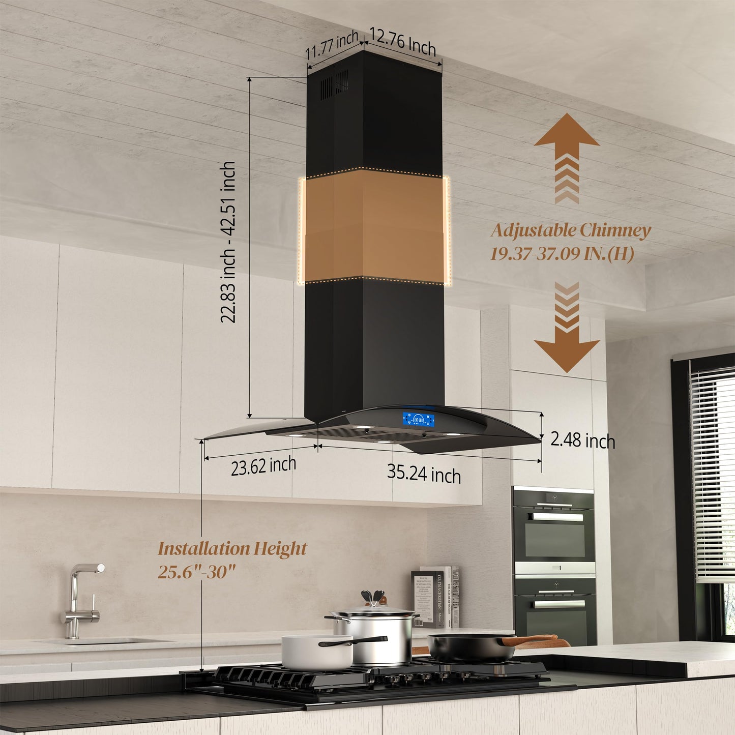 FIREGAS Black Island Range Hood 36 Inch, 700 CFM Ductless/Ducted Ceiling Mount Range Hood with 3 Speed Fan, Gesture, Remote & Touch Control, LED Light Vent Hood for Kitchen