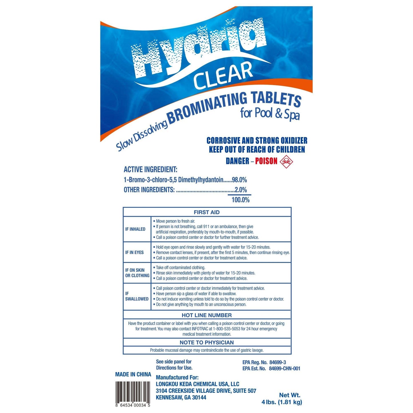 Hydria Clear 1 Inch Bromine Tablets, 4 lbs. LK04