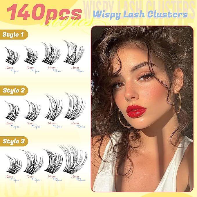 Natural Lash Clusters Wispy Eyelash Clusters 3 Styles 10-16MM Cluster Eyelash Extensions CD Curly Individual Lashes 140pcs DIY Lash Extensions with Soft Thin Band