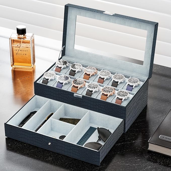 ProCase Watch Box, 12 Slot Mens Watch Case With Drawer, 2-Layer Watch Display Case With Glass Lid, Mens Jewelry Box Storage Holder Organizer, Birthday Valentine Gifts for Men -12Slot, CrocCobaltBlue