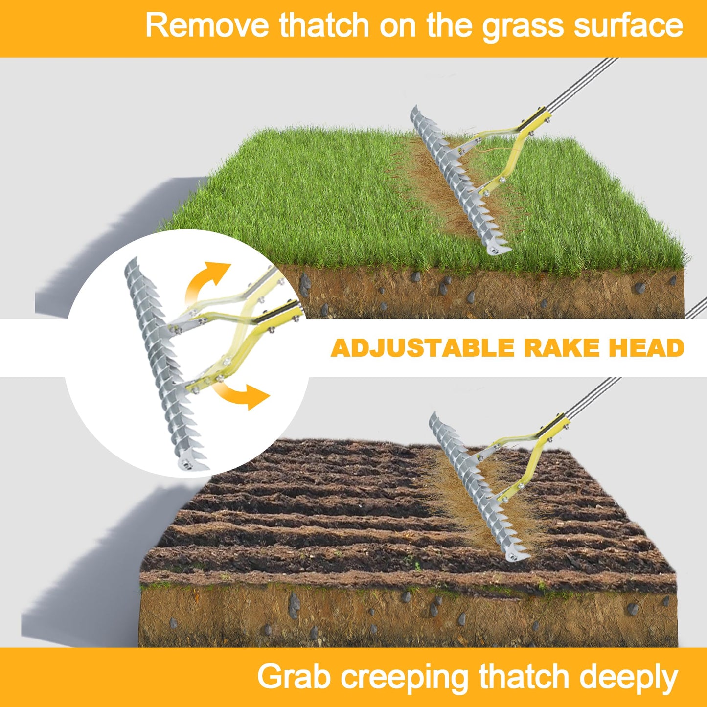 BARAYSTUS Thatch Rake Dethatcher - 15-Inch Wide Lawn Rake for Dead Grass Removal, Stainless Steel Adjustable Handle Garden Rake for Soil Loosening, Aeration & Thatching, 58.5-Inch Length