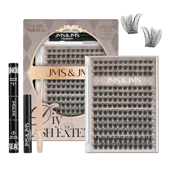 JMS&JMS DIY Lash Clusters Kit Fluffy Lash Extension Kit D Curl Eyelash Kit with Lash Bond and Seal, Lash Remover, Lash Tweezers at Home(JMS03-8-18mix)