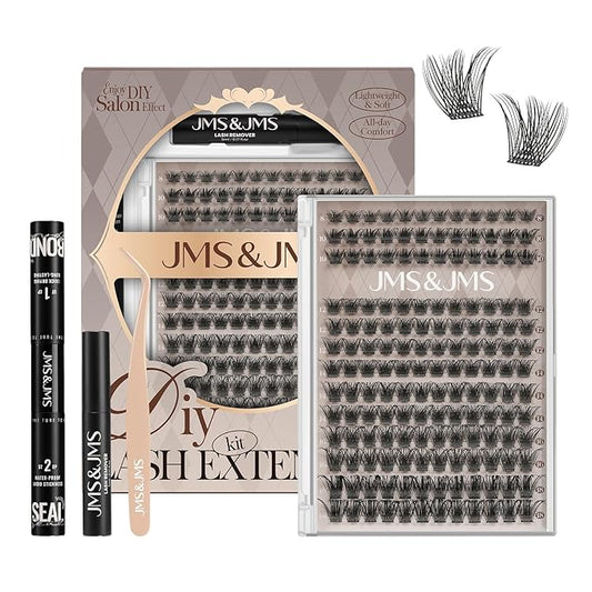 JMS&JMS DIY Lash Clusters Kit Fluffy Lash Extension Kit D Curl Eyelash Kit with Lash Bond and Seal, Lash Remover, Lash Tweezers at Home(JMS03-8-18mix)