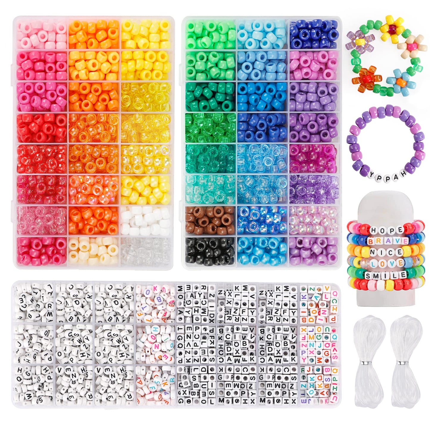 Quefe 3960pcs Pony Beads for Friendship Bracelet Making Kit 48 Colors Kandi Beads Set, 2400pcs Plastic Rainbow Bulk and 1560pcs Letter Beads for Keychains Craft Jewelry Necklace