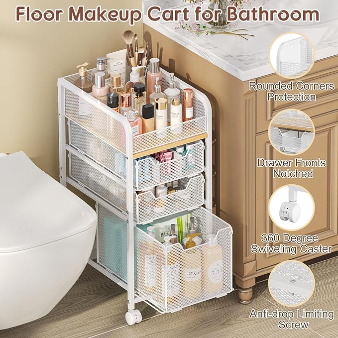 Hongtamoya Rolling Makeup Cart Organizer with 3 Drawers, Narrow Floor Skincare Organizers, Vanity Organizer Cosmetics Display Cases Holder for Skin Care Nail Polish Perfume Makeup Brush, White