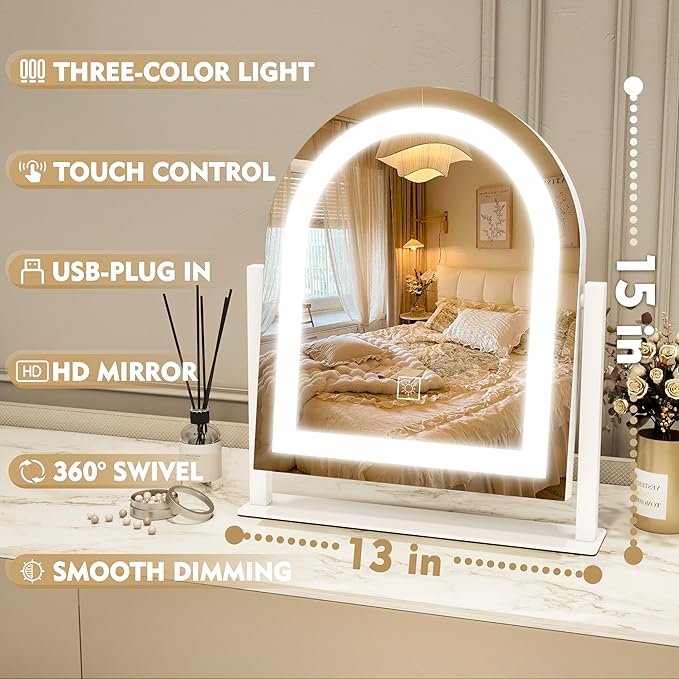 ROLOVE Lighted Makeup Mirror with 3-Color Dimmable Lighting, with Removable 10x Magnifier, Smart Touch Control, 360° Rotation, 15" x 13" Hollywood Vanity Mirror for Tabletop or Desk (White)