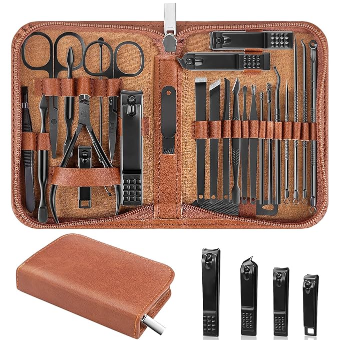 Nail Clippers Set, 26 Piece Manicure Set & Pedicure Kit, Stainless Steel Fingernail & Toenail Clipper Cutters, Professional Nail Care Tools with Luxurious Travel Case for Men and Women, Brown