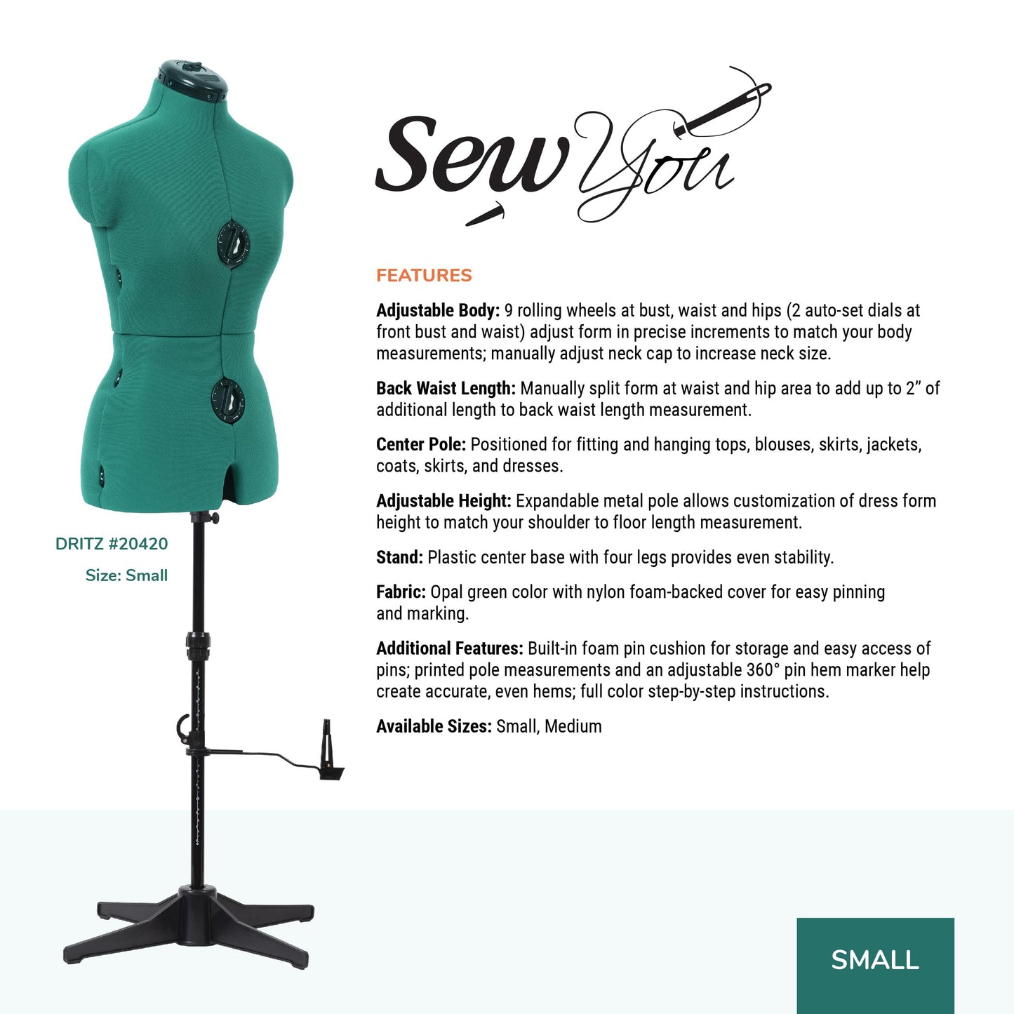 Dritz Sew You Adjustable Dress Form - Small/Medium Sizes US 4-12 - Female Clothing Mannequin for Sewing, Fitting, and Draping - Pinnable Sewing Mannequin with 12 Dials for Fitting + 360 Hem Guide