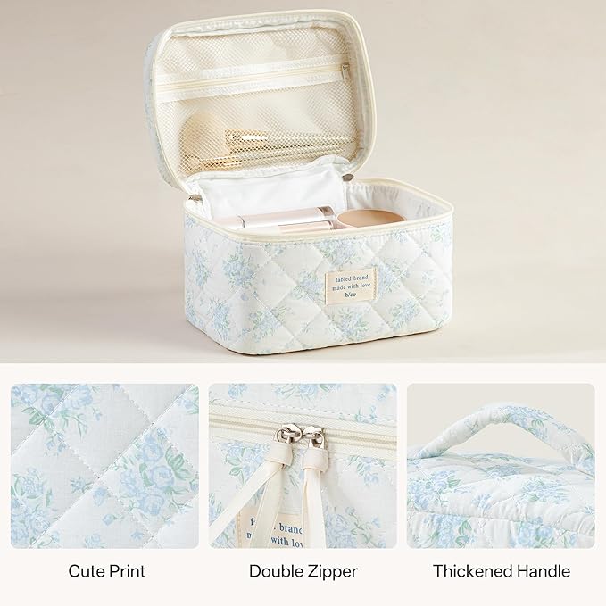 HBselect Quilted Makeup Bag, 3PCS Cotton Large Travel Makeup Bag, Cute Floral Coquette Make up Bag Cosmetic Bag Toiletry Bag for Women Girls
