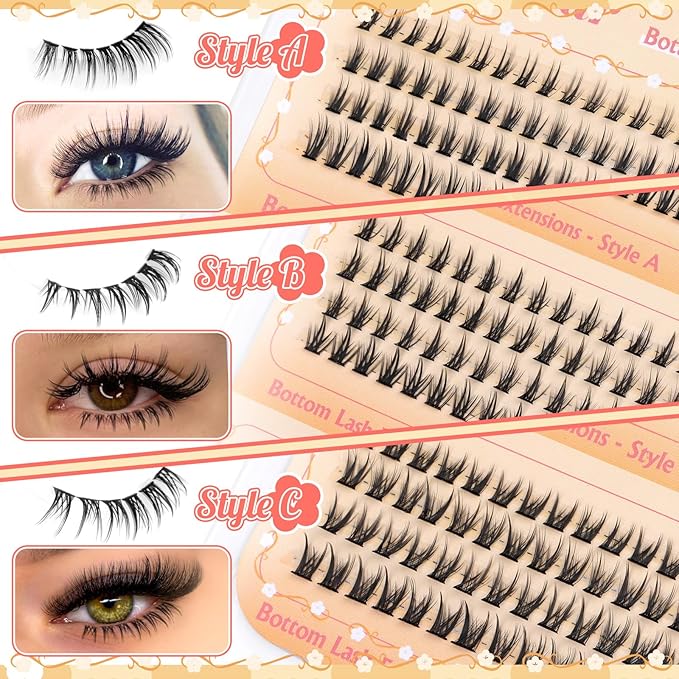 Bottom Lashes Clusters DIY Eyelash Extension 3 Styles Lower Eyelash Clusters Bottom Individual Lashes 5-7mm Thin Band Natural Bottom Lash Clusters 260pcs DIY Entire Lash Extensions by calphdiar