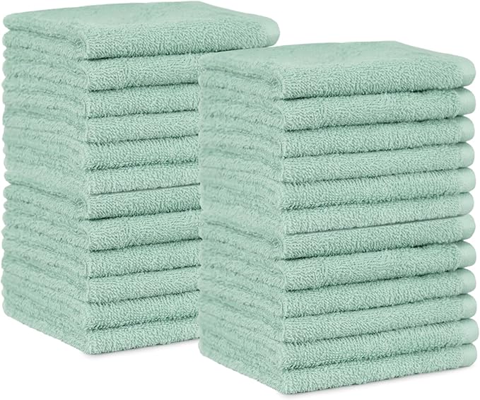 Amazon Basics Highly Absorbent, Fast Drying 100% Cotton Washcloths for Bathroom, Machine Washable, 12 x 12 inches, Seafoam Green, 24-Pack