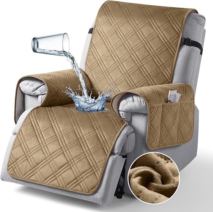 TAOCOCO 100% Waterproof Recliner Chair Cover, Recliner Covers for Recliner Chair with Pocket, Non Slip Reclining Chair Cover Furniture Protector for Kids, Pets(23.6'', Khaki-Velvet)
