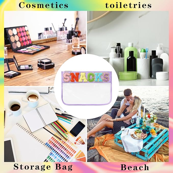DYSHAYEN Chenille Letter Clear Zipper Pouch for Travel,Nylon Clear Cosmetic Bag,Makeup Travel Bag for Women Girls 11.8 Inches x 8.2 Inches