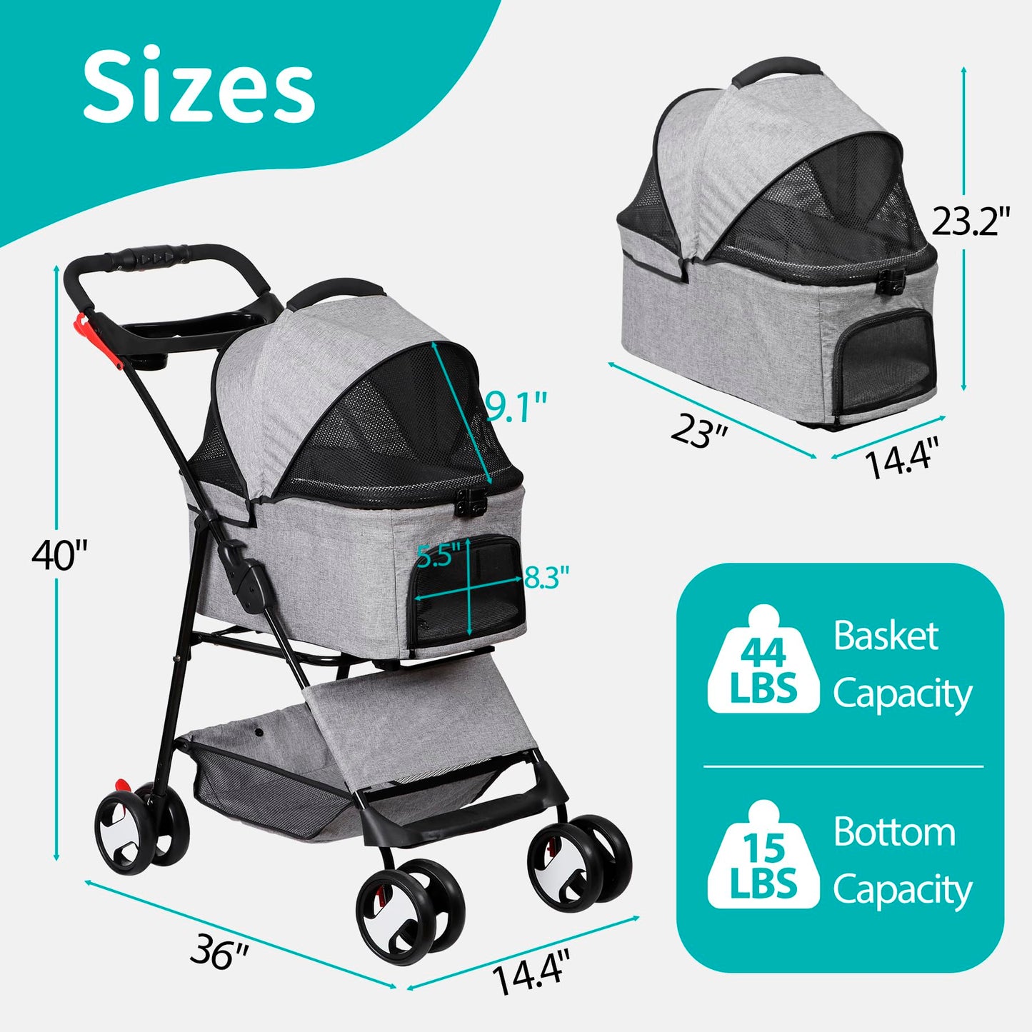 Epetlover 4 Wheels Dog Stroller with Detachable Carrier Folding Pet Strolling Cart for Small Medium Cats Puppies with Storage Basket Cup Holder, Gray