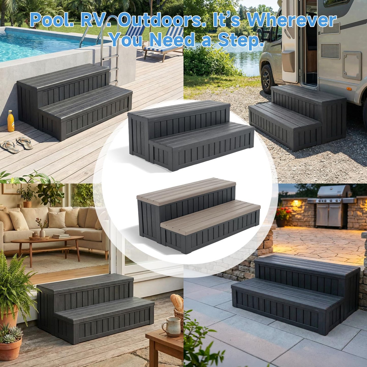 36.6” Hot Tub Steps with Storage, 780 lbs Load Capacity Heavy Duty Outdoor Spa Steps with No-Screw Snap Assembly, Non-Slip Universal Hot Tub Stairs for Spa, Pool, Patio, RV, Porch & Indoor Use, Black