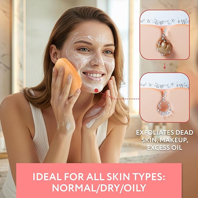 IMPRESA Face Scrubber Exfoliator Sponges - Regular Puff - Natural Medical-Grade Foam - 10 Pack Reusable Exfoliating Pads - Deep Cleanse & Dead Skin Removal - Normal to Oily Skin