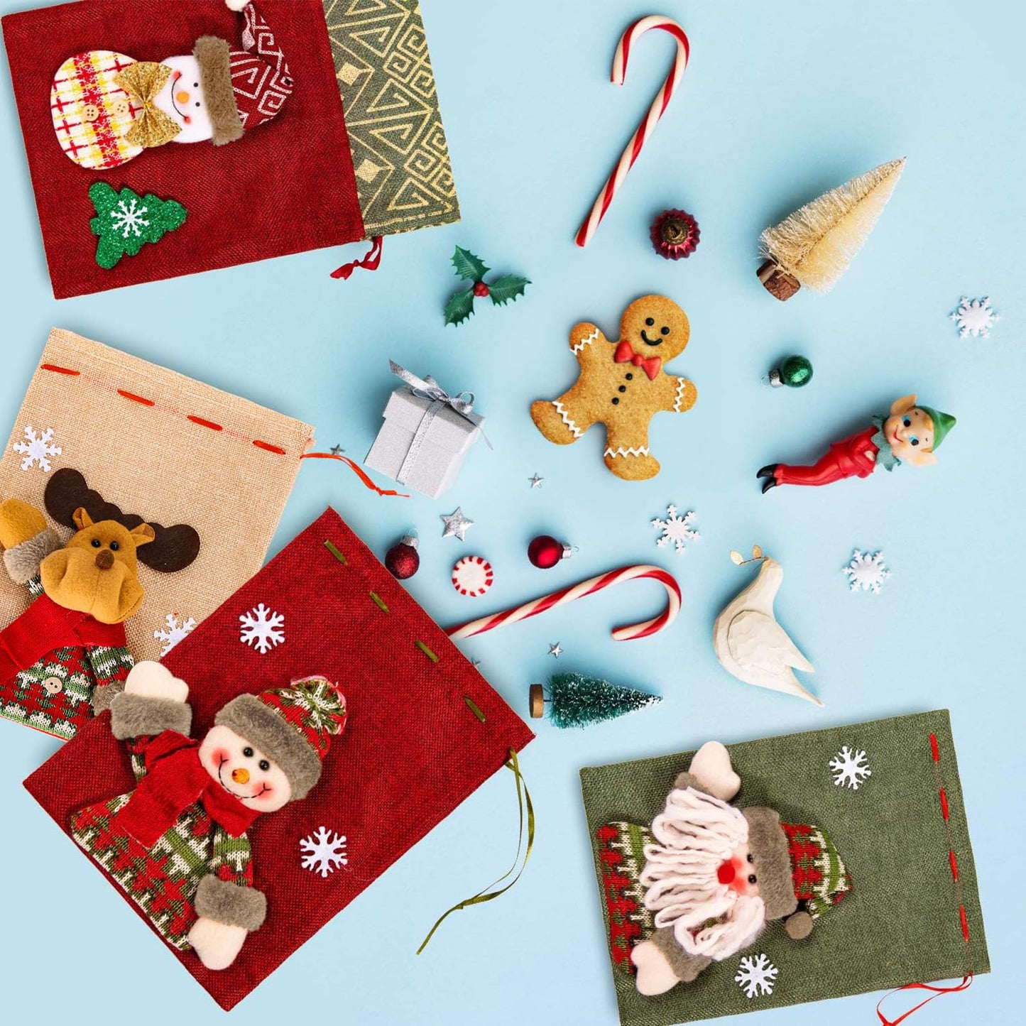 Whaline 3D Xmas Gift & Party Favor Bags Drawstring Handle Xmas Treat Pouch, Snowman Red - 8 x 11in, 8 x 12in (5 Pack)