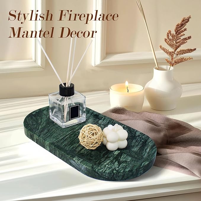 YMXYJM Genuine Real Natural Marble Tray for Bathroom, Luxury Indian Green Stone Vanity Tray, Decorative Oval Trays for Countertop Storage Organizer, Dresser, Kitchen, Home Decor, 11.8" x 6", Green