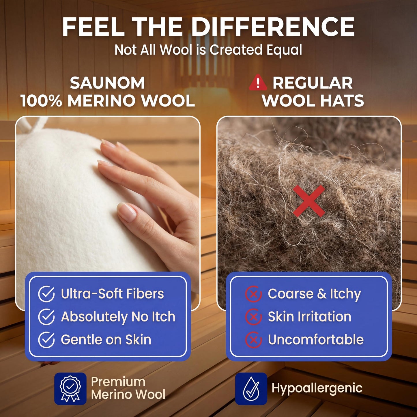 SAUNOM Premium Ultra Soft Sauna Hat for Women and Men — 100% Merino Wool — Ultra Soft, Breathable, Itch-Free and Odor Resistant Sauna Cap — Ideal Banya Hat