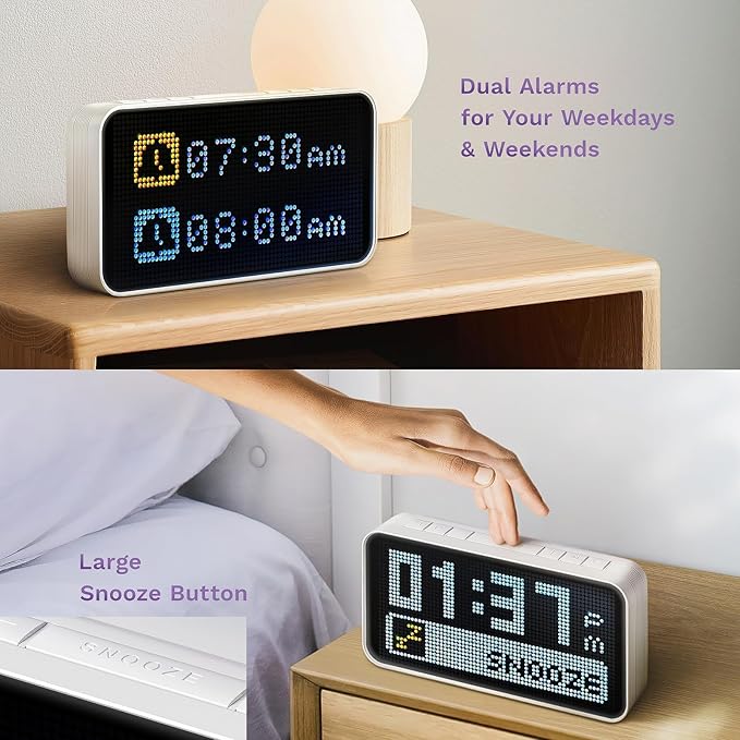 Dekala PixelRise Smart Alarm Clock for Bedroom,Pixel Art LED Dot Matrix Display, Weather Temperature Animation, Loud Dual Alarm for Heavy Sleeper, Sleep White Noise, WiFi Weather & Time Sync, App