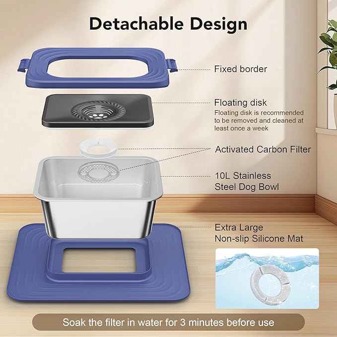 Decflow 10L Stainless Steel Dog Water Bowl, No Spill Anti-Splash Dog Bowls with XXL Silicone Mat, Spill-Proof Slow Feeder for Messy Drinkers, Heavy Duty Pet Bowls for Indoor/Outdoor Use Blue