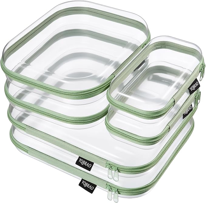 YQBRAO 6 Pack Sleek Green Clear Hard Shell Zipper Case, 1.2mm Heavy Duty Tech & Cord Organizer Pouches, Crush-Proof Electronic Storage for Travel, Tools & Diaper Bag (2L+2M+2S)