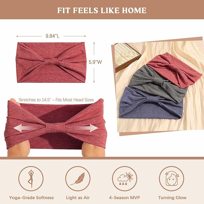 Awumbuk Wide Headbands for Women Knotted No Slip Head Bands Soft Turban Headband Hair Accessories Boho African Solid Color Head Wraps for Women Yoga Workout Pack of 6