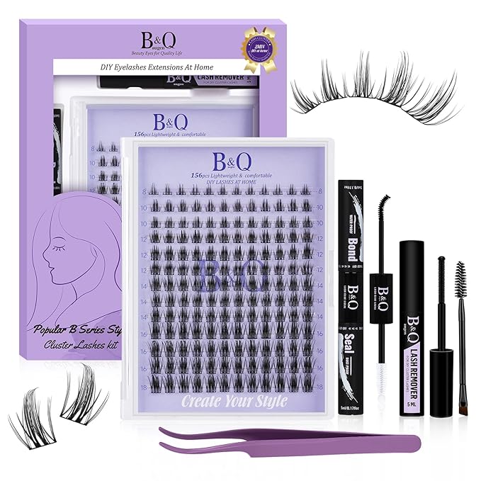 B&Q Wispy Lash Clusters Kit B20, DIY Lash Extension Kit 156PCS Eyelash Extension Kit, Soft Natural Lash Clusters 8-18MIX D Curl Lash cluster, Thin Black Band Cluster Eyelash Extensions (B20 Set)