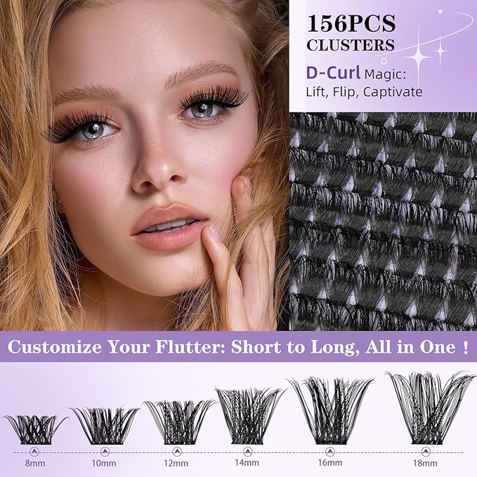B&Q Wispy Lash Clusters Full B19,Eyelash Clusters 156PCS Comfortable band Cluster Eyelash Extensions,8-18mm Volume Individual Lashes Lightweight D Curl Lash Clusters Soft Eyelashes Natural Look(B19)
