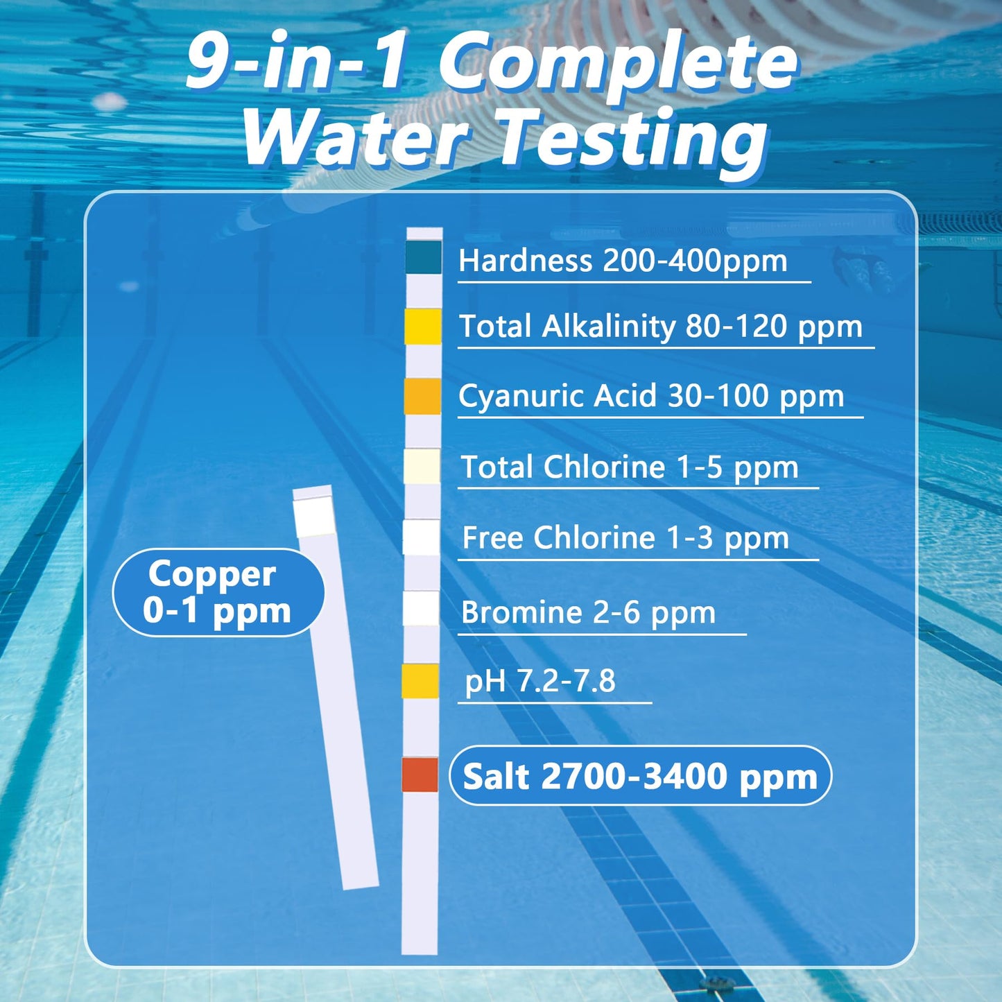 2026 New Pool Test Strips - 9 in 1 Pool Salt Test Strips 150 Counts for Salt Water Pool Testing Kit for Salt Level (0-6000ppm) Copper GH pH Bromine Cyanuric Acid for for Swimming Pool Spa Hot Tub