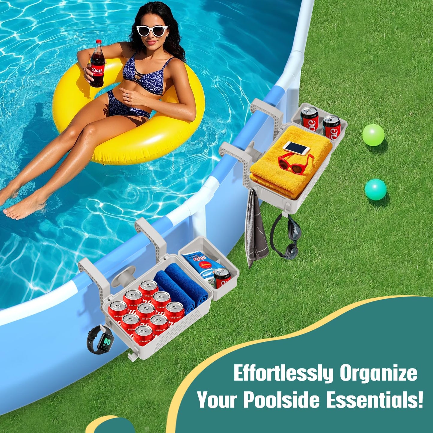 【2026 Upgrade】2-Pack Poolside Storage Basket with Cup Holder, Above Ground Pool Accessories, 3-in-1 Swimming Pool Hanging Storage Baskets to Organize Cups & Towels, Fits 3 Inch or Less Top Rail(Beige)