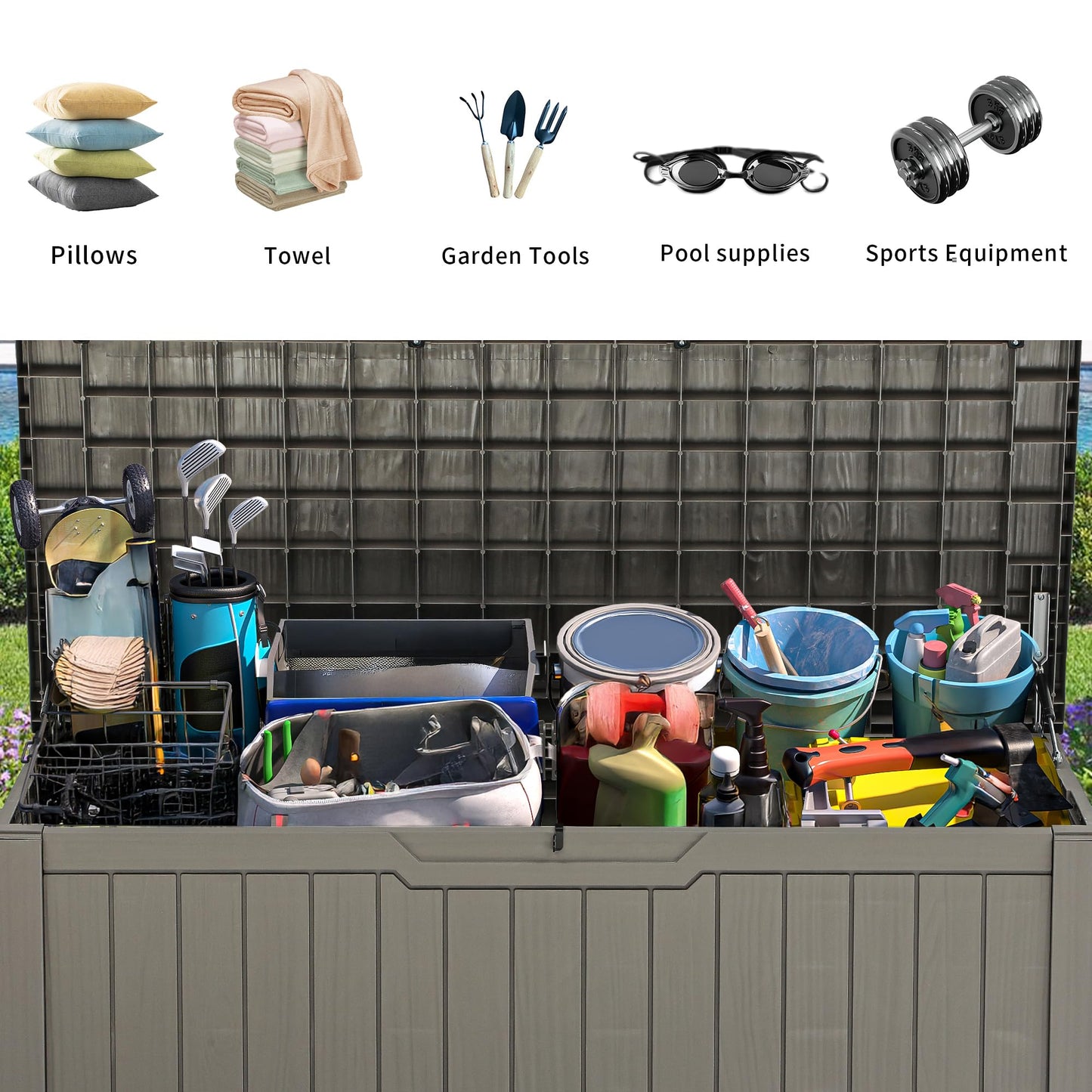 YITAHOME Outdoor Storage Box, 120 Gallon Waterproof Deck Box for Garden Tools, Patio Cushions, and Pool Accessories, Lockable, Easy Assembly, Versatile Bench or Table (Light Brown)