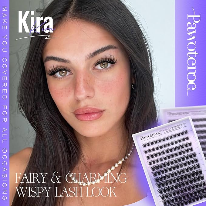 Pawotence Kira Lash Clusters Kit 10-18mm Cluster Lashes Extension Kit 144pcs Fairy Eyelash Clusters Wispy Lashes Cluster Eyelash Extensions with Waterproof Lash Bond and Seal, Remover, Applicator