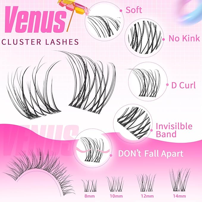 Geeneiya Venus Lashes Clusters Kit DIY Lash Extension, 8-14MM Invisible Lash Clusters, Soft Band Cluster Eyelash Extensions Kit with Waterproof Lash Bond and Seal, Lash Remover, Tweezers for Beginners