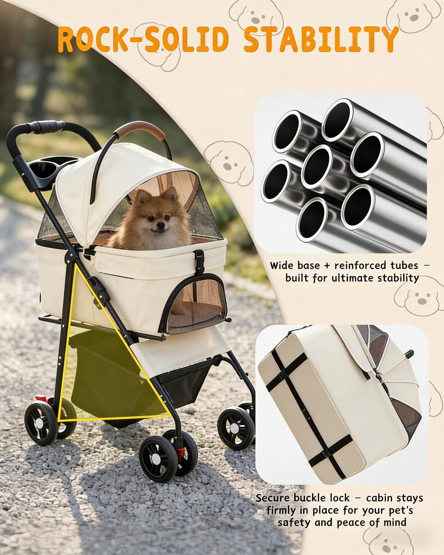 Pet Stroller with Removable Carrier, 35lbs Capacity - One-Click Foldable Dog Stroller, Cat Carrier & All-Terrain Wheels, Compact Travel Pet Stroller for Small to Medium Pets-Khaki