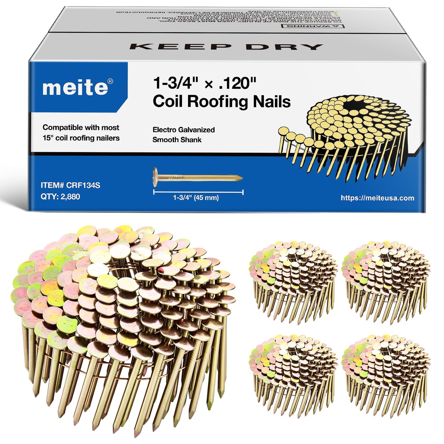 meite Coil Roofing Nails 1-3/4 Inch 15 Degree Electro Galvanized Coil Nails for Pneumatic or Cordless Roofing Nailer Gun, Big Head Wire-Collated Roofing Nails for Lathing Sheathing 2,880PCS