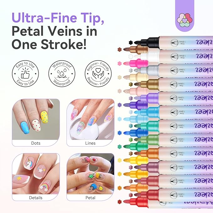 SAVILAND 24 Colors Nail Polish Pens Set: 20s Quick-Drying Dual-Tip Acrylic Paint Nail Art Pens Fine Tip for Painting Nails, Drawing Dots, Lines & Designs, Home DIY Nail Art Supplies