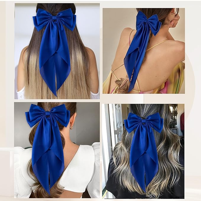6Pcs Large Bows Hair Clips for Women Girls Long Tail Hair Ribbon Silky Satin Barrettes Coquette Bows Accessories (Royalblue)