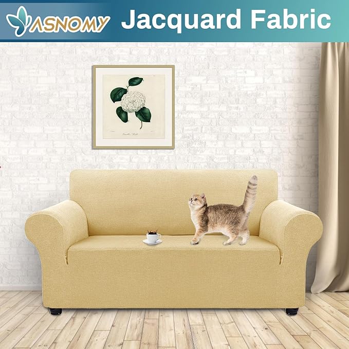Asnomy Sofa Covers for 2 Cushion Couch Stretch loveseat Covers Slipcovers, Pet Protector Furniture Covers for Dogs Cats Spandex Jacquard Fabric Small Checks （Medium，Champagne）