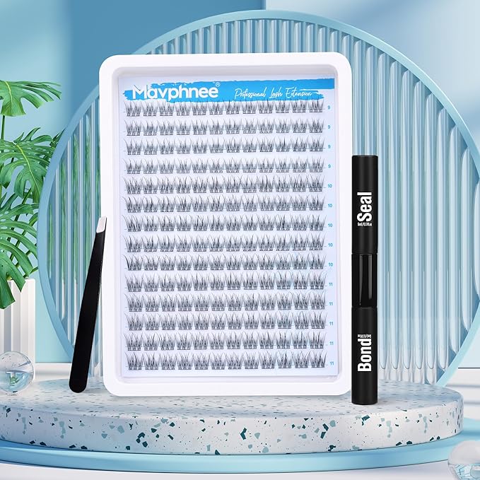 Natural Cluster Lashes Kit 168 Pcs Wispy Lash Extensions CC-Curly 9-11MM Mixed Lengths Eyelash Extension Individual Kit with Lashes Bond and Seal and Tweezers DIY at Home by Mavphnee