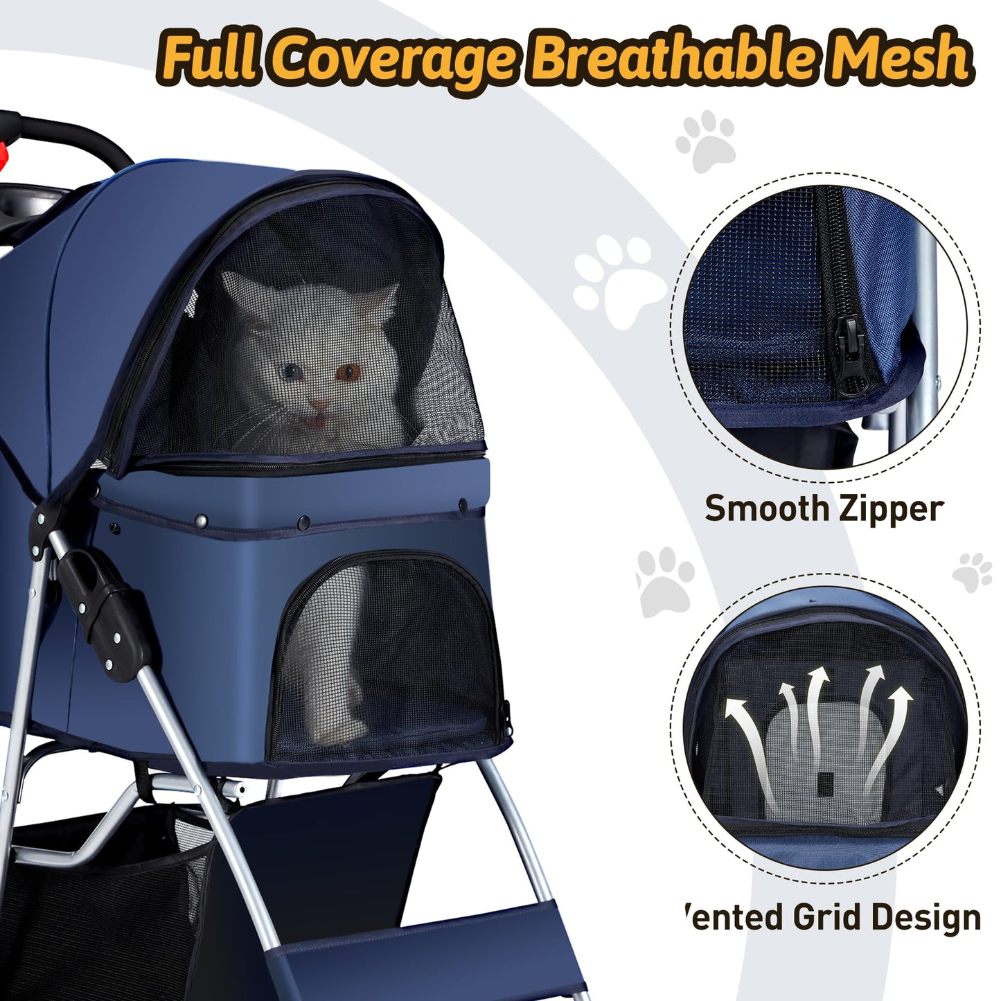Azaeahom Pet Stroller, 4 Wheels Pet Strolling Cart for Medium/Small Dogs and Cats, Foldable Cat Jogger/Dog Stroller with Cup Holder, Storage Basket, Breathable Mesh, All-Season Pet Carrier, Navy Blue